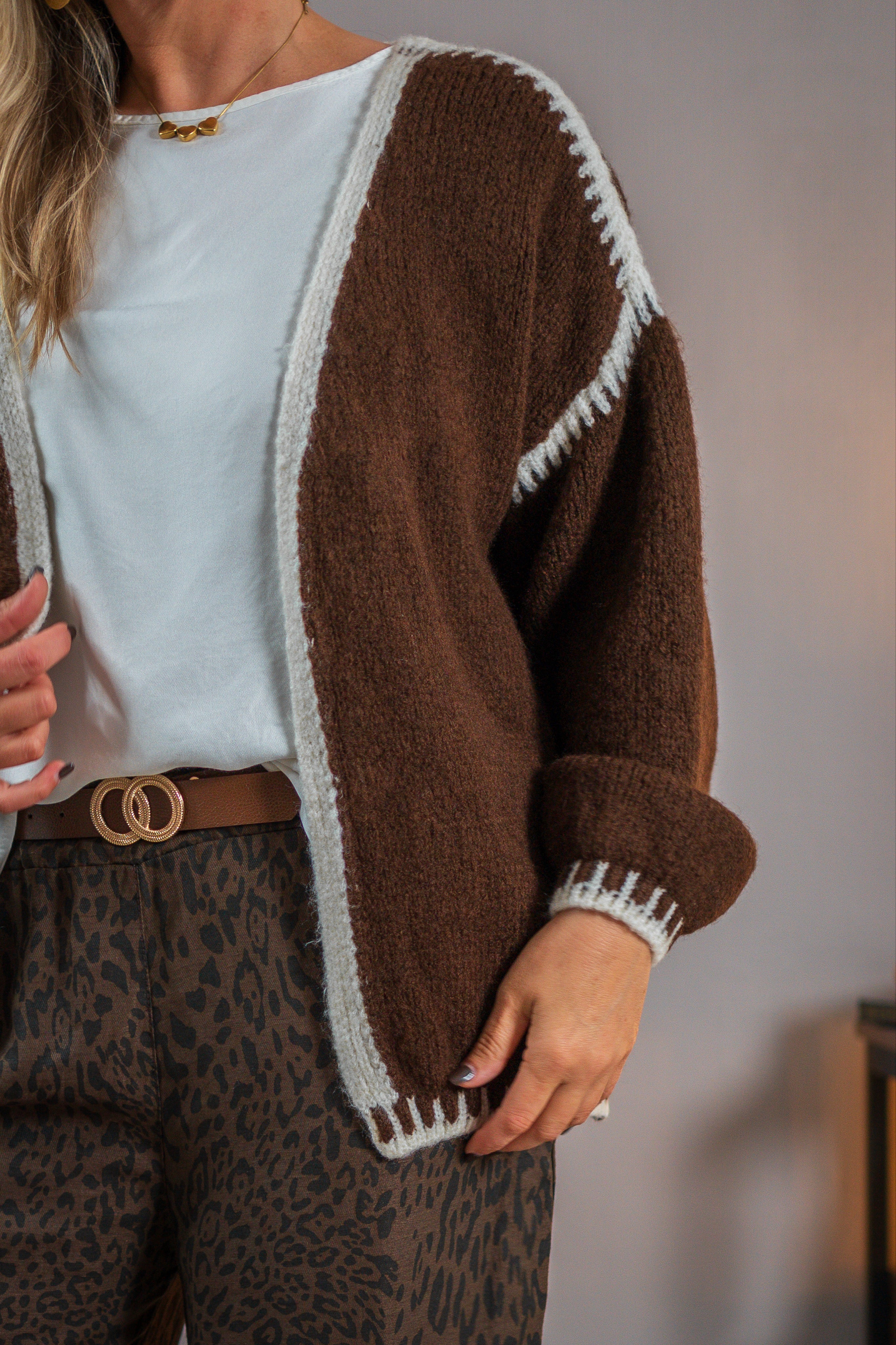 Oversize-Strickjacke, schokobraun-weiß