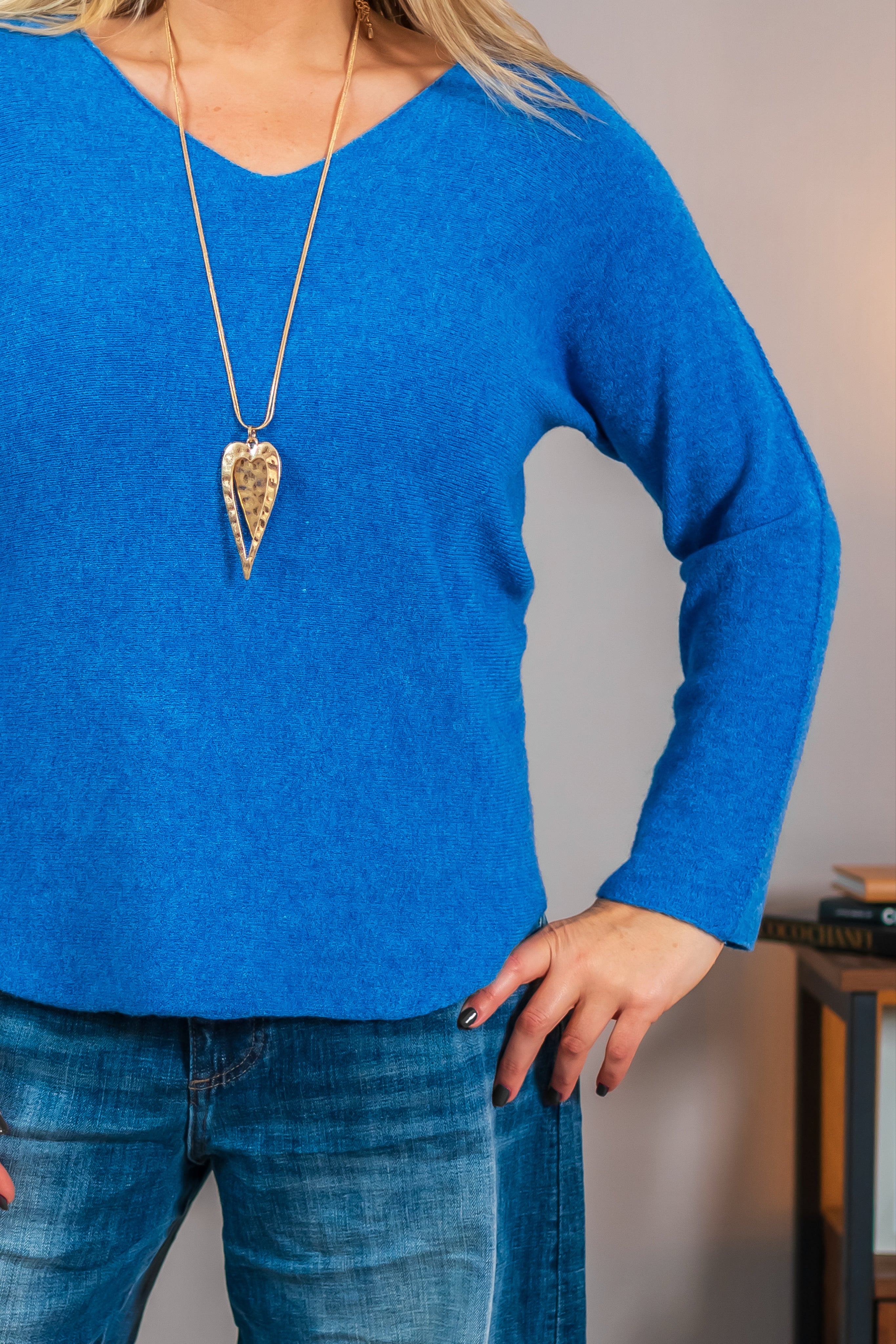 Feinstrickpullover mit V-Ausschnitt, blau