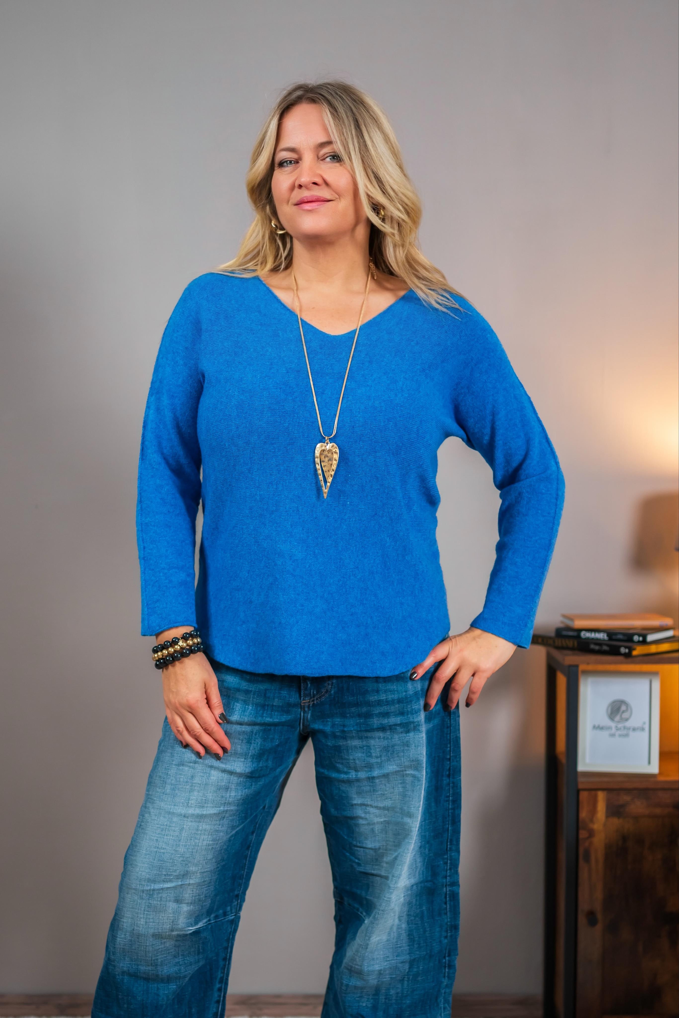 Feinstrickpullover mit V-Ausschnitt, blau