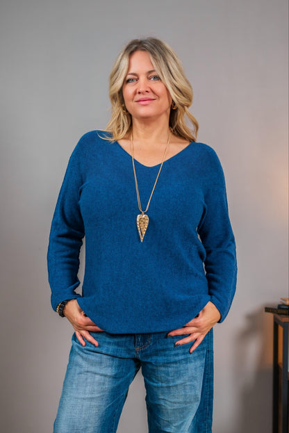 Feinstrickpullover mit V-Ausschnitt, dunkelblau