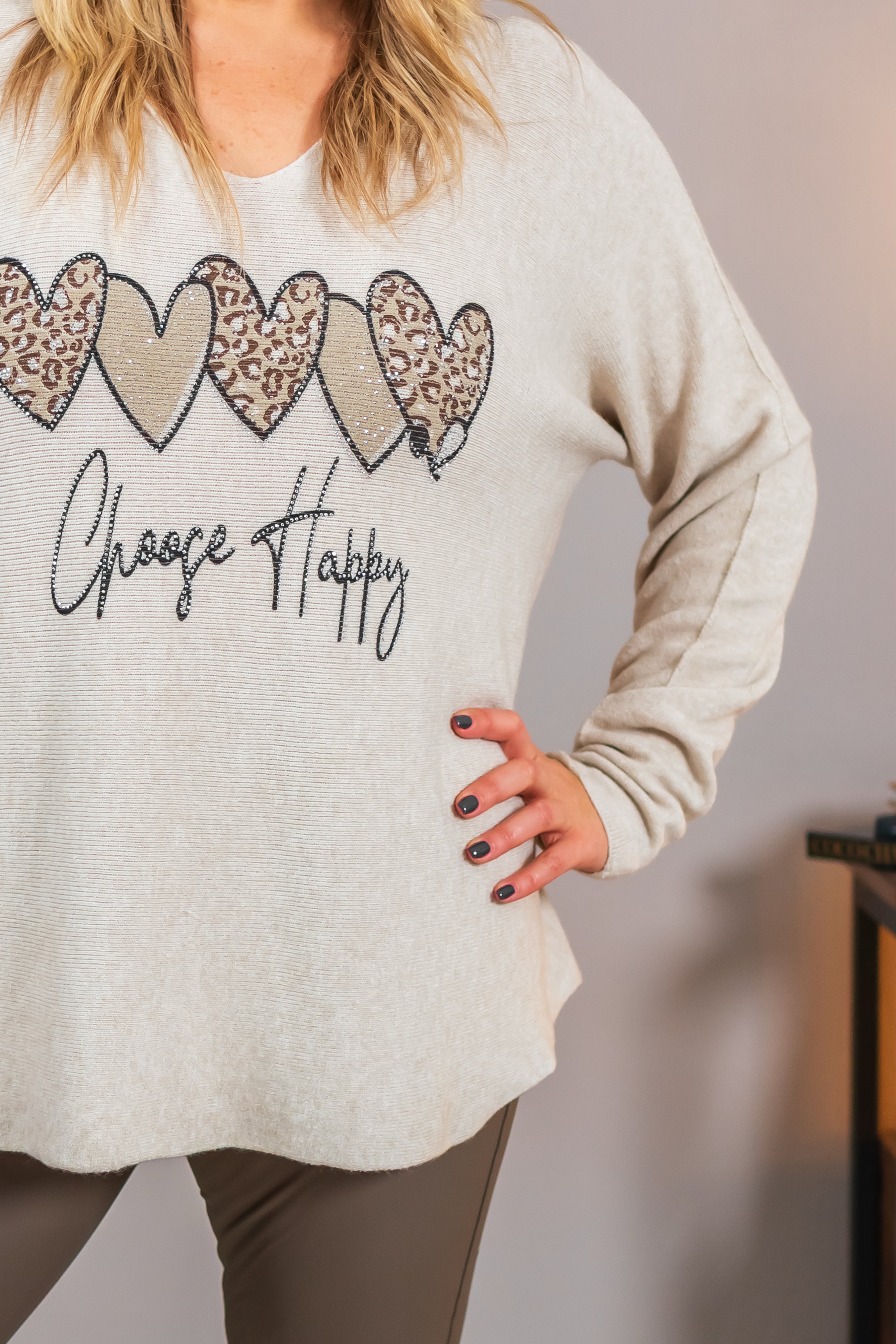 Feinstrickpullover mit Design, beige