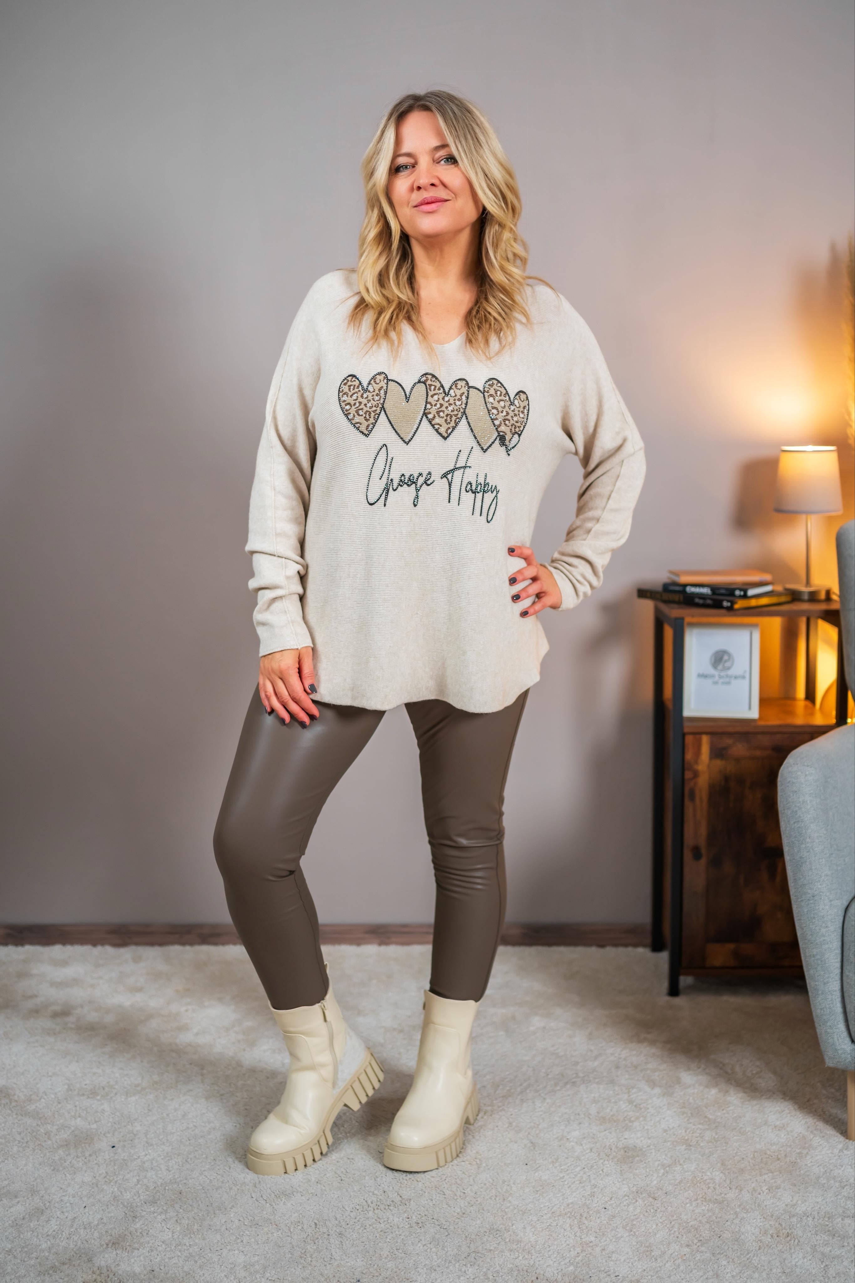 Feinstrickpullover mit Design, beige
