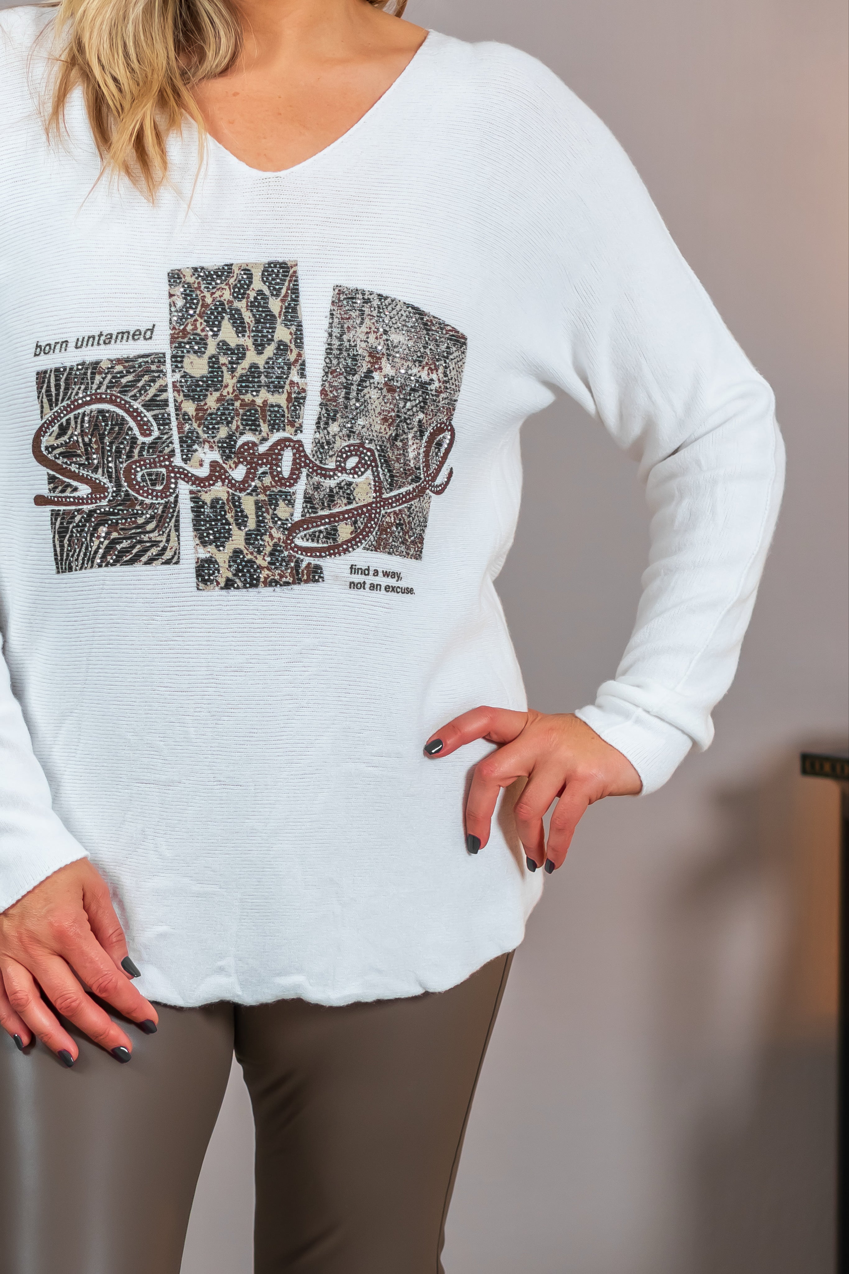 Feinstrickpullover mit Design, weiß