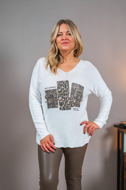 Feinstrickpullover mit Design, weiß