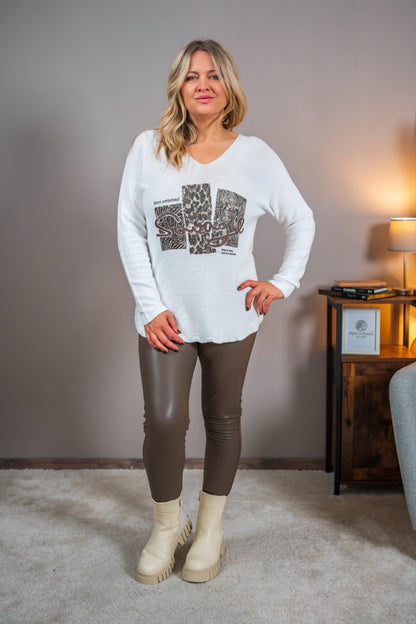 Feinstrickpullover mit Design, weiß