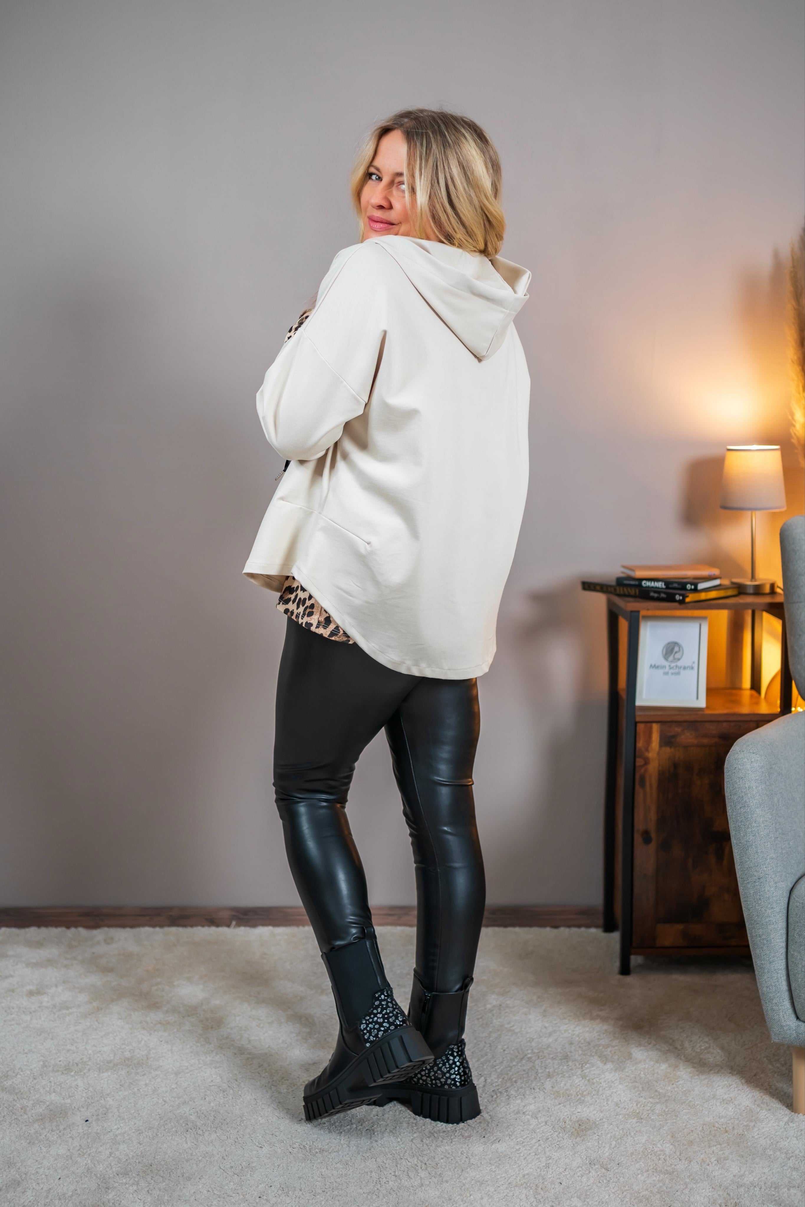 Kapuzen-Cardigan mit Reißverschluss, beige