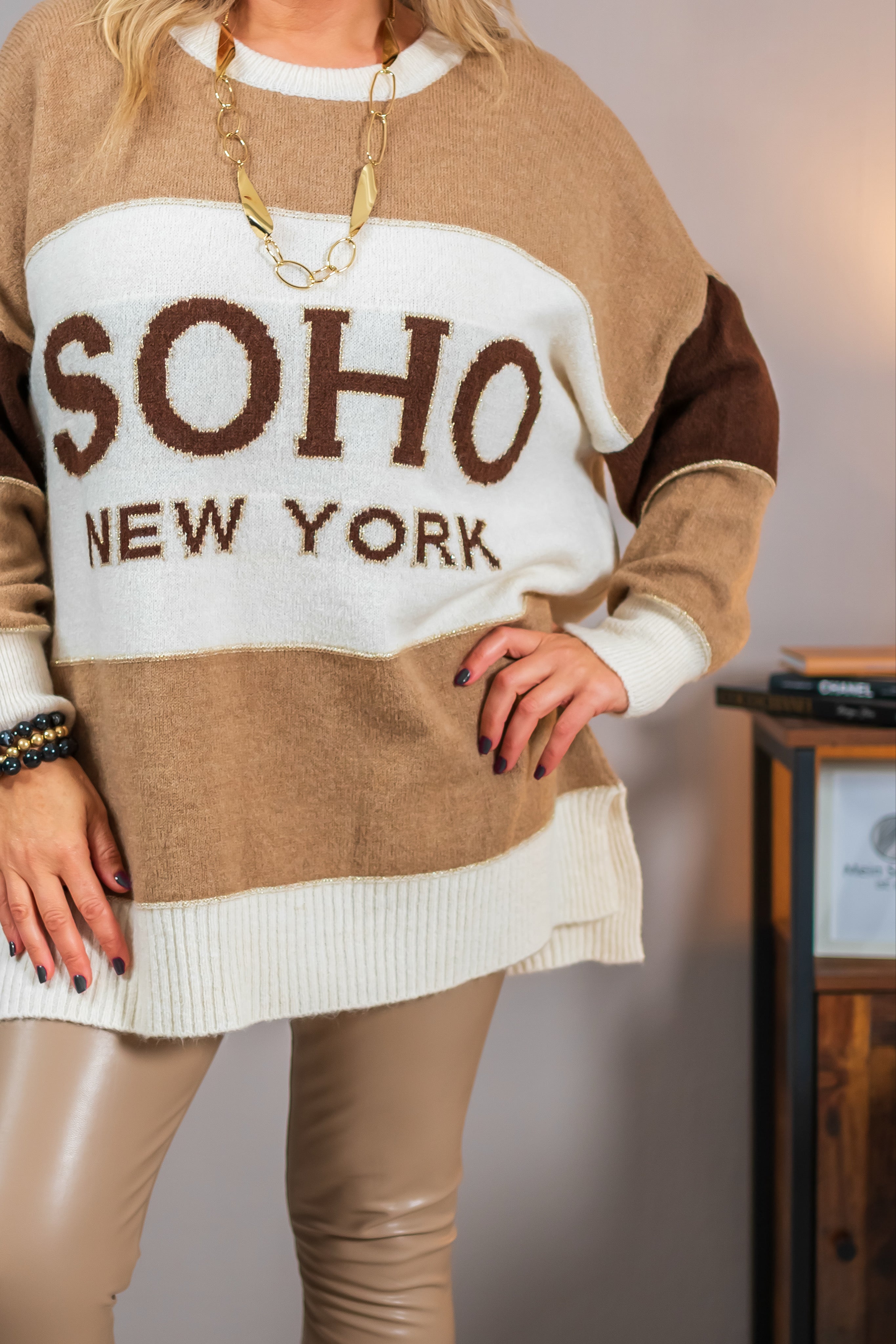 Longpullover in Feinstrick, mehrfarbig