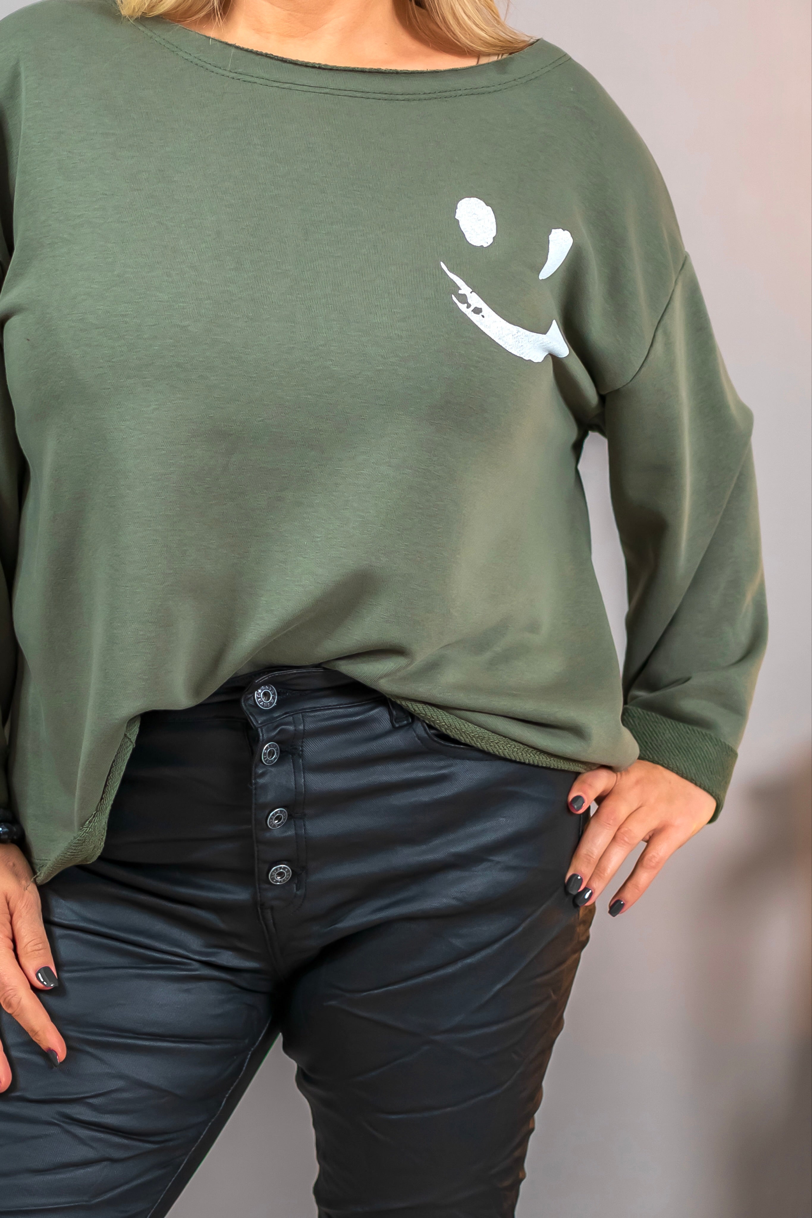 Sweatshirt mit Smiley-Print, khaki