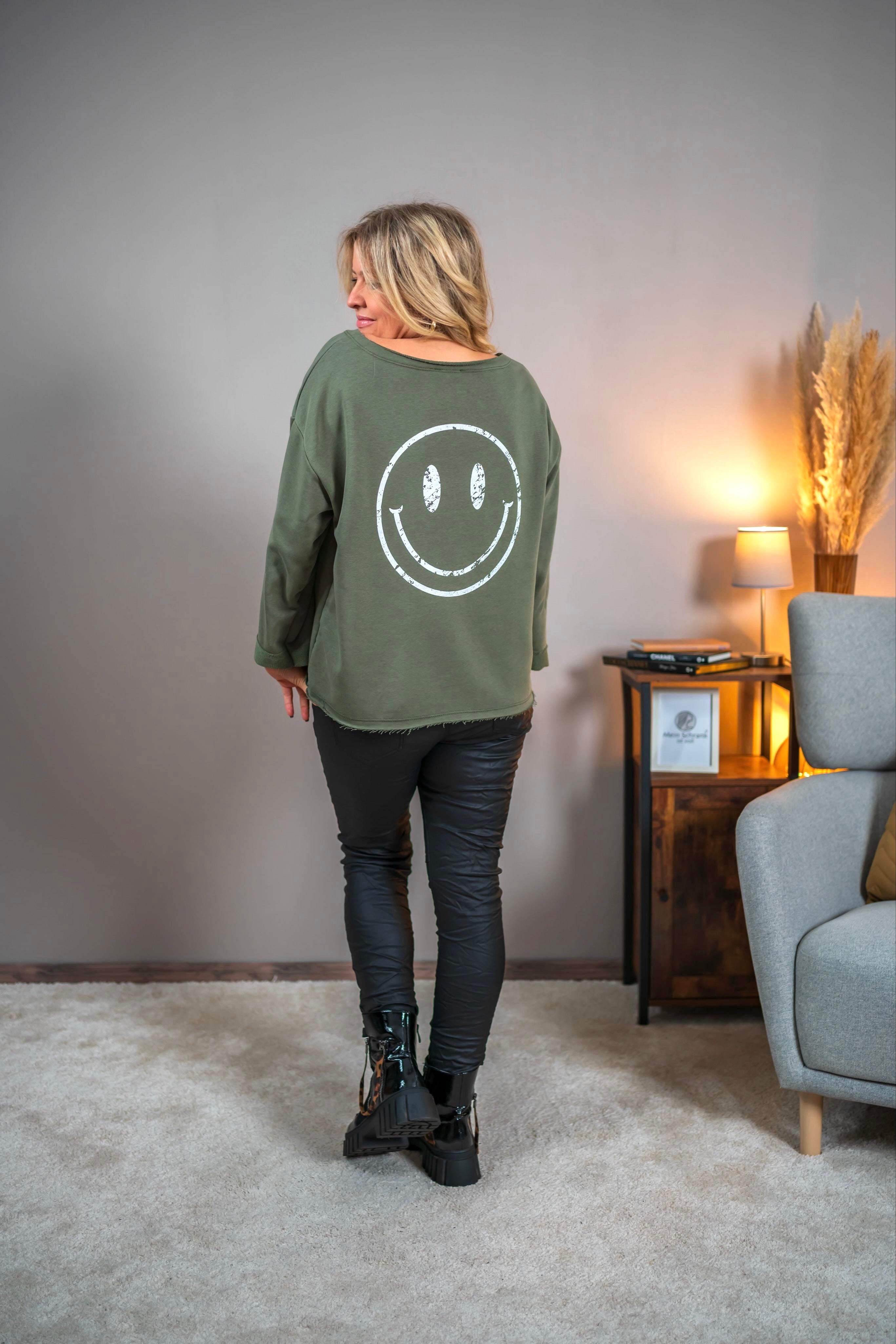 Sweatshirt mit Smiley-Print, khaki