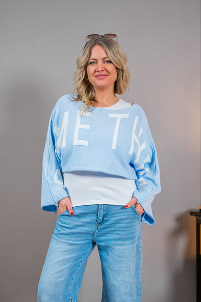 Crop Pulli "SOMETHING", hellblau