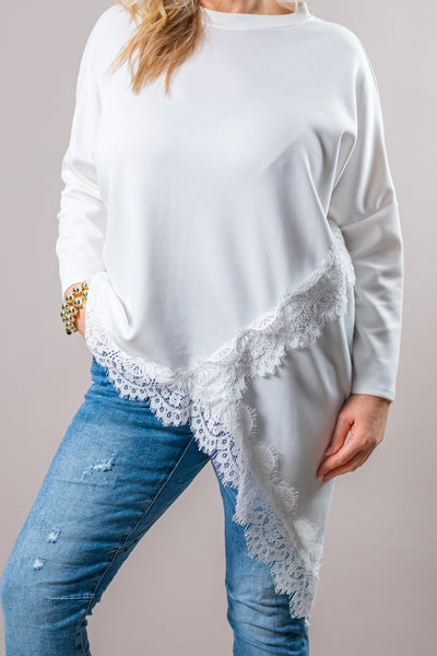 Asymmetrisches Sweatshirt mit Spitzenabschluss, off-white