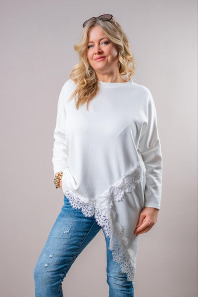 Asymmetrisches Sweatshirt mit Spitzenabschluss, off-white