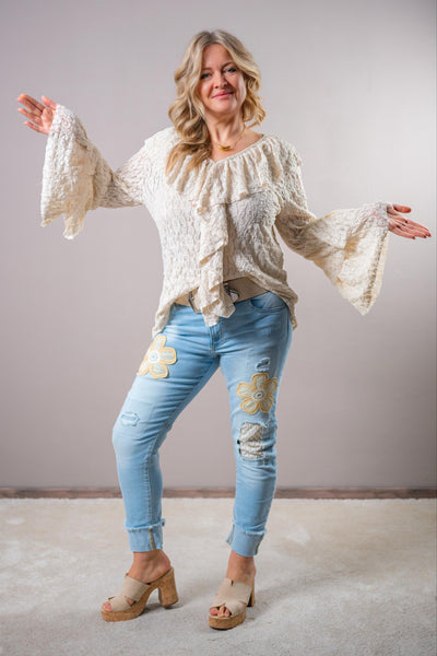 Tunika-Bluse mit Volants, creme-beige