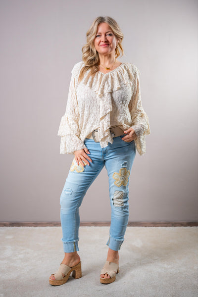 Tunika-Bluse mit Volants, creme-beige