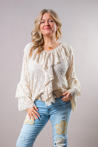 Tunika-Bluse mit Volants, creme-beige