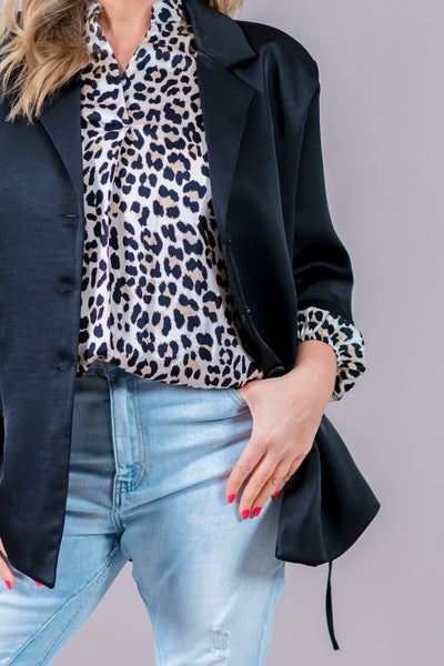 Blazer in Satin-Optik mit Bindeband, schwarz