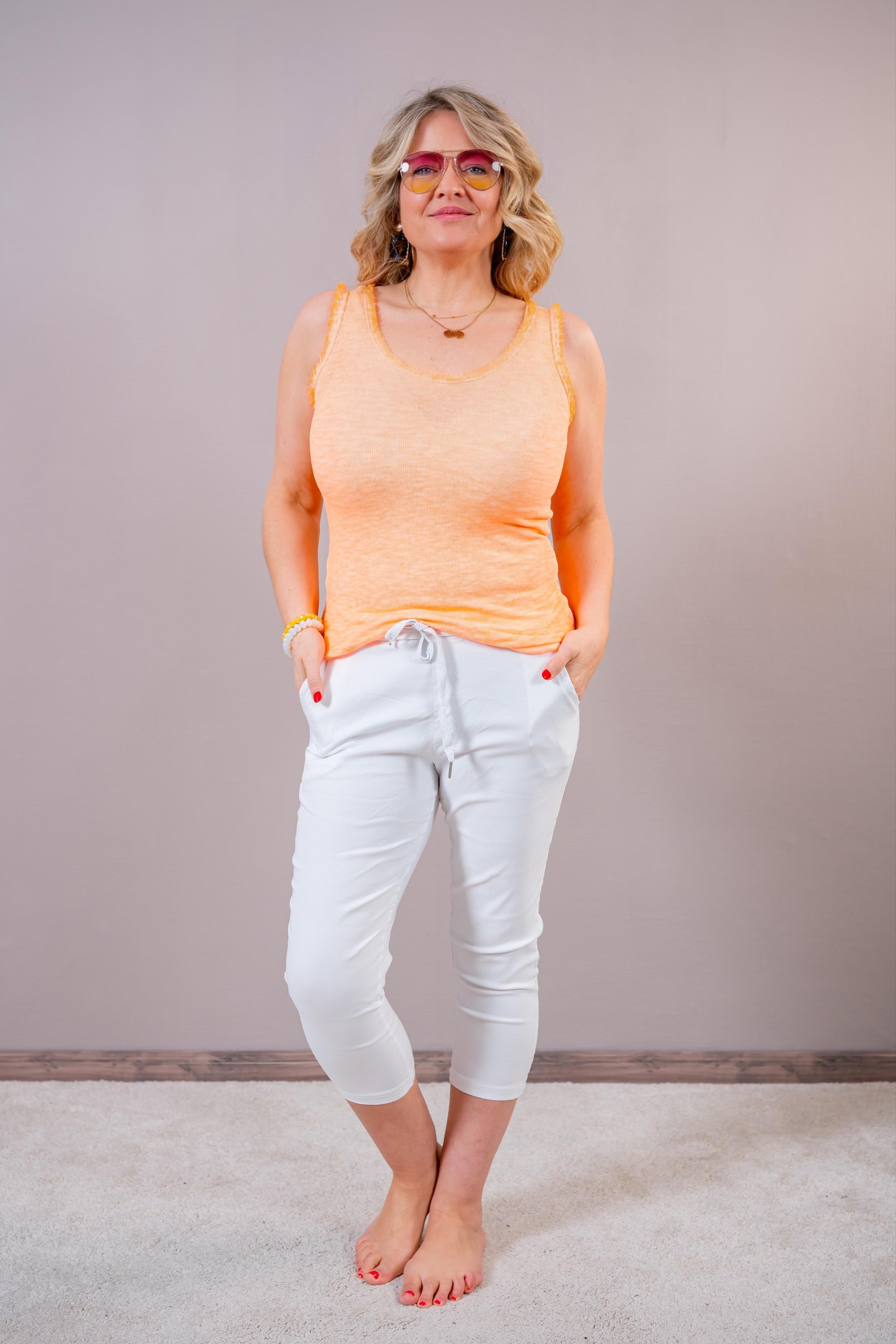 Ripp Top mit Fransen-Ausschnitt, neon-orange
