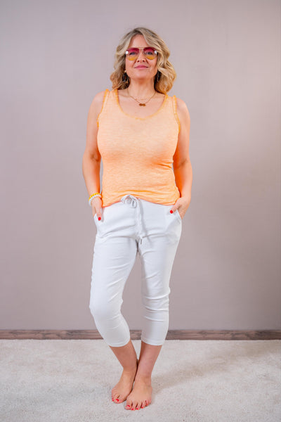 Ripp Top mit Fransen-Ausschnitt, neon-orange
