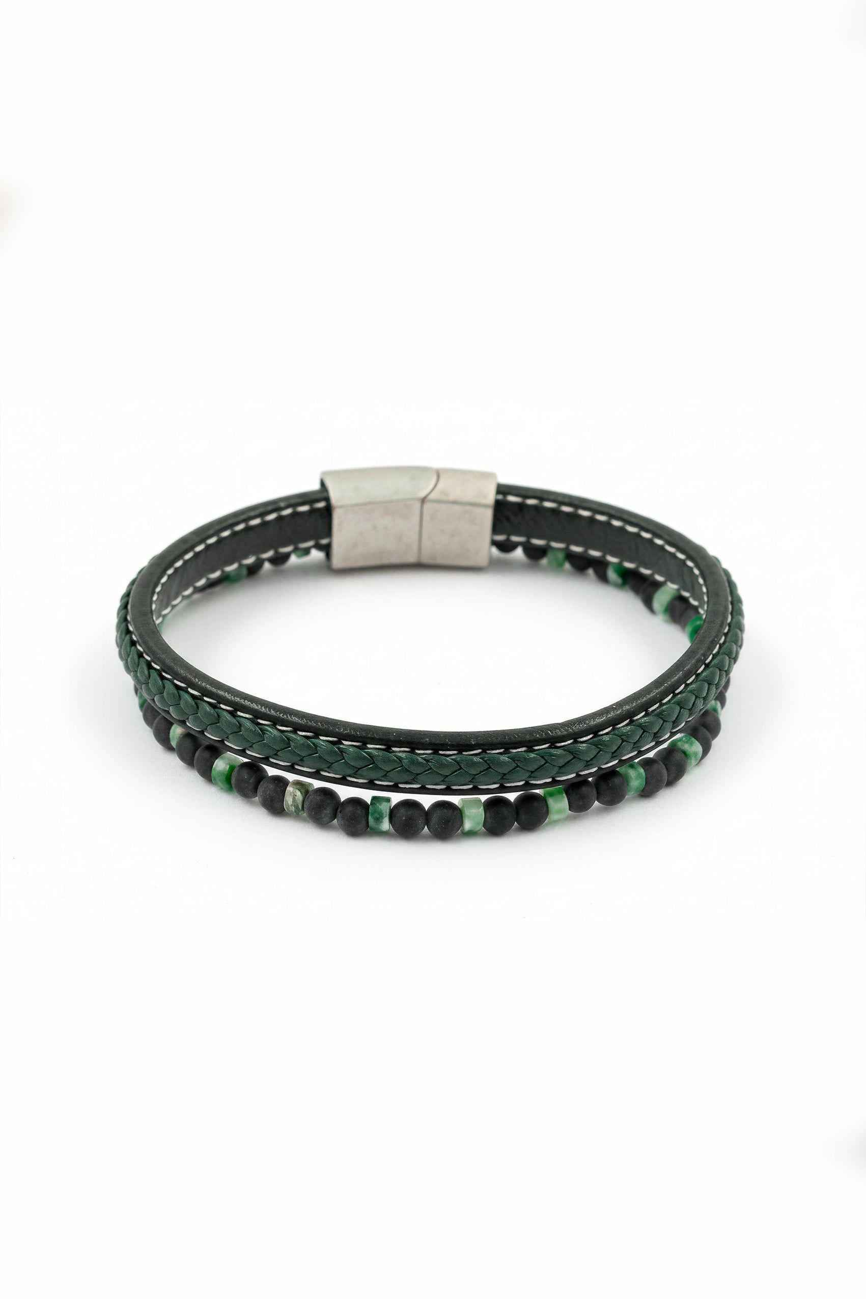 Herrenarmband mit Steinperlen und Kunstlederband, schwarz-grün