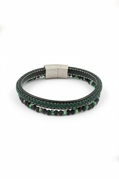 Herrenarmband mit Steinperlen und Kunstlederband, schwarz-grün