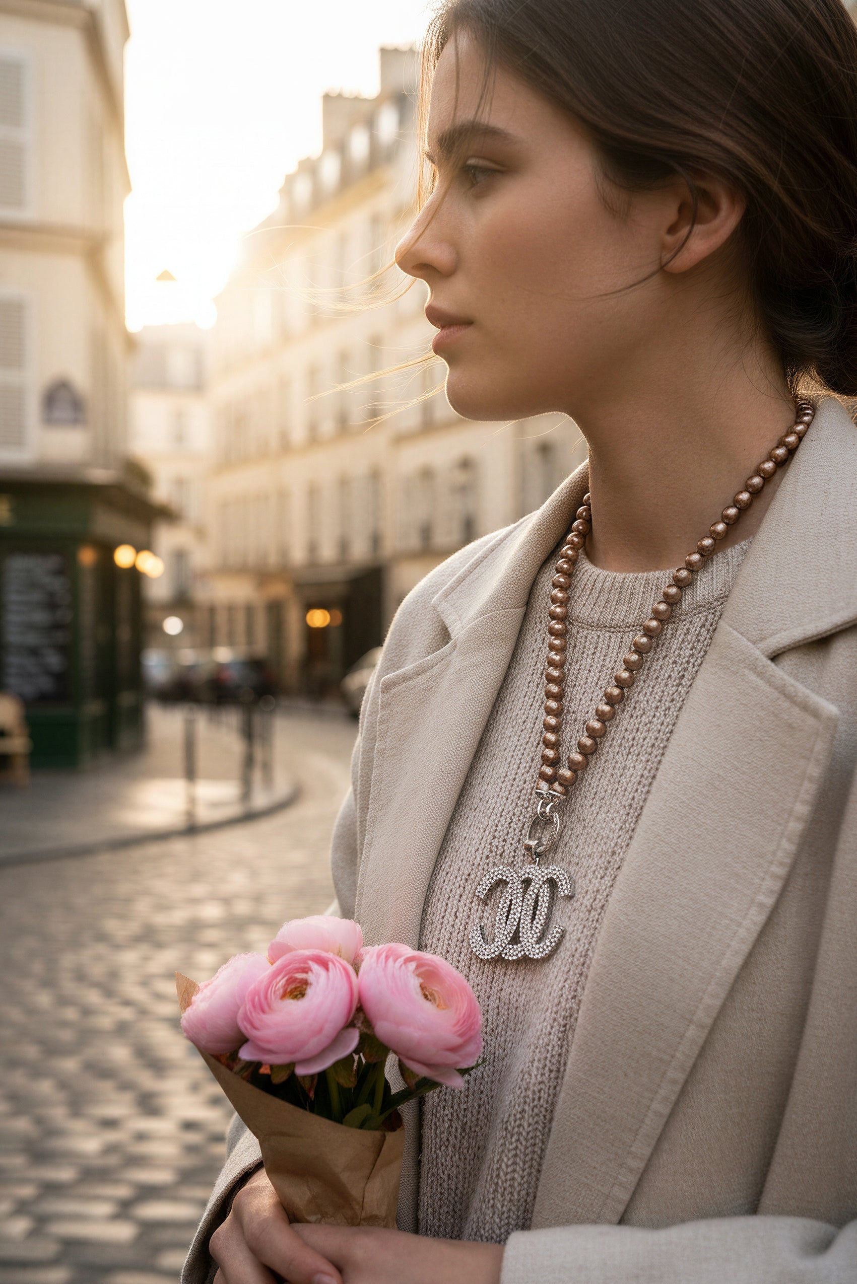 Bronze Perlenkette mit Anhänger mit Strasssteinen besetzt