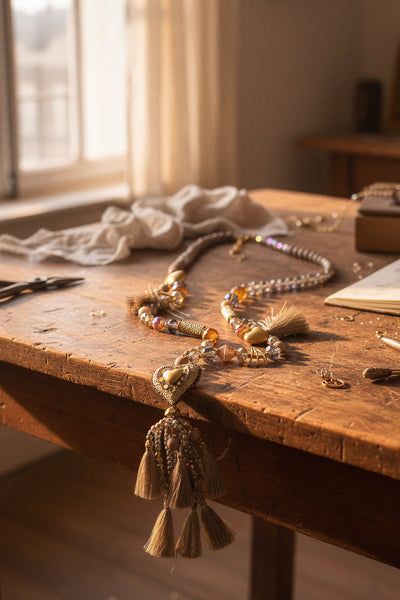 Lange Kette mit Herzanhänger Taupe Gold