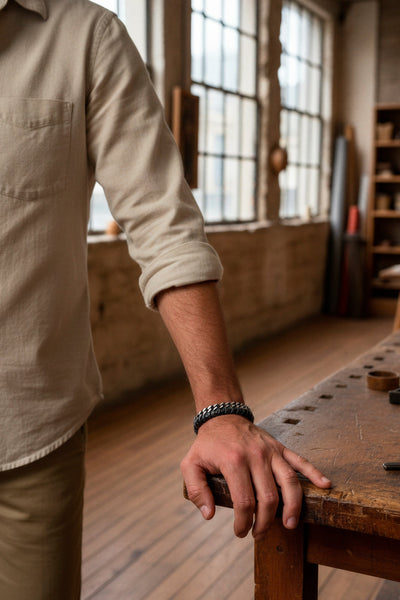 Edelstahl Herrenarmband mit geflochtenem Kunstleder, schwarz/silber