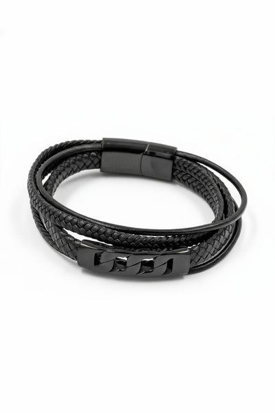 Herren Kunstlederarmband in Schwarz mit geflochtenen Strängen und Edelstahlverschluss