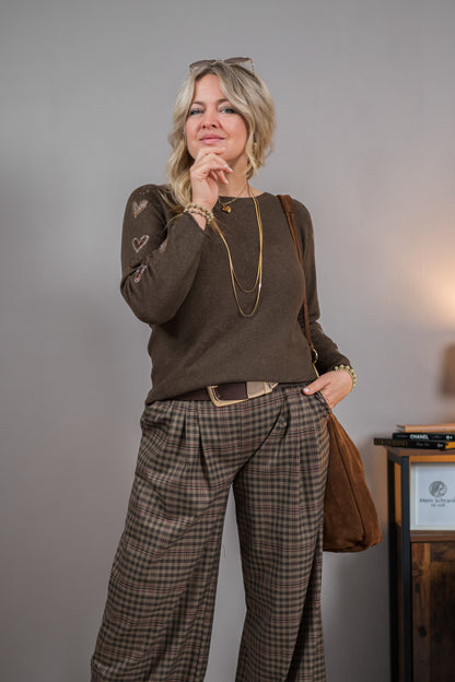 Strickpullover mit Glitzerherzen, dunkelbraun
