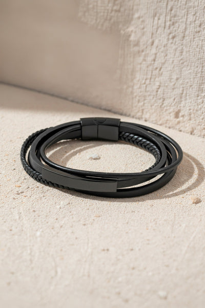 Herren Kunstlederarmband in Schwarz mit glatten und geflochtenen Strängen