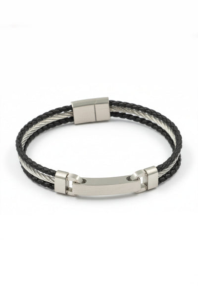 Schwarzes Kunstlederarmband mit Edelstahlplatte