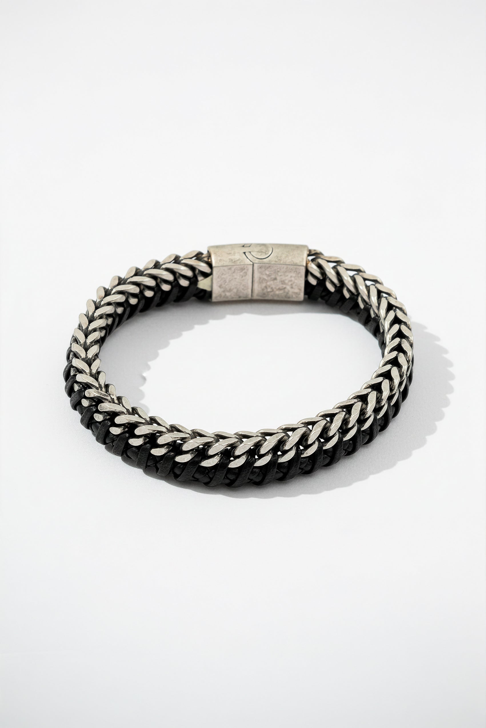 Edelstahl Herrenarmband mit geflochtenem Kunstleder, schwarz/silber