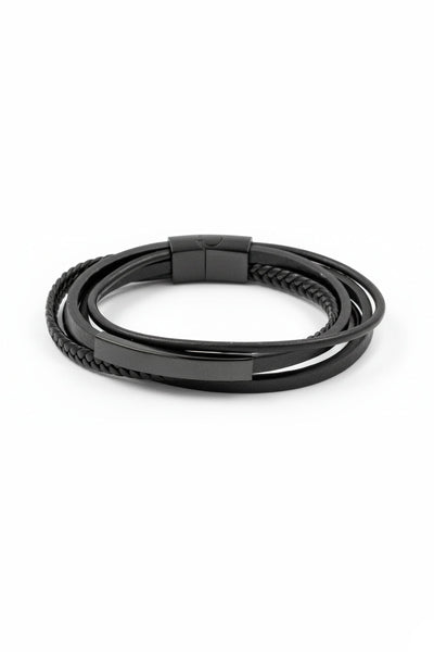Herren Kunstlederarmband in Schwarz mit glatten und geflochtenen Strängen