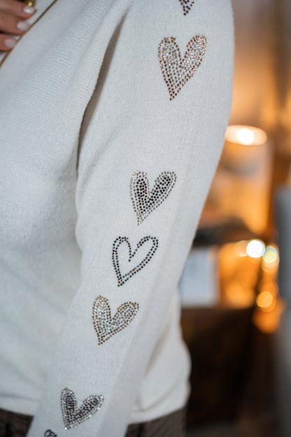 Strickpullover mit Glitzerherzen, ecru