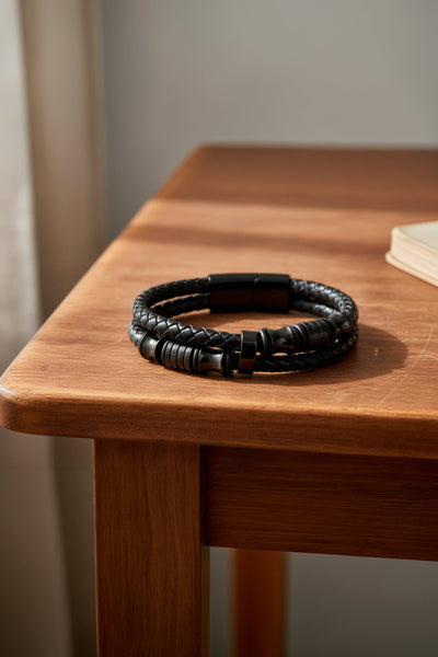 Armband aus Kunstleder mit Edelstahlverschluss, schwarz