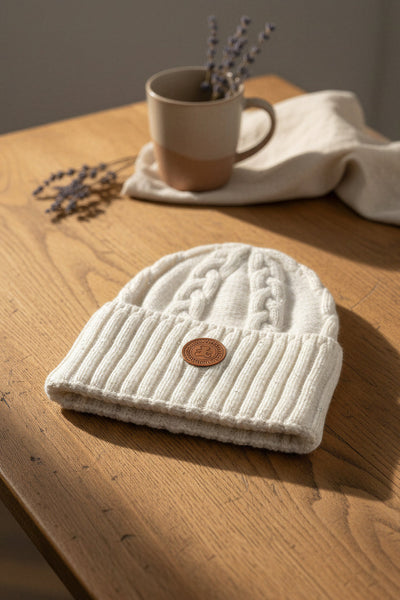 Gestrickte Mütze mit dezentem Glitzer und breitem Umschlag, creme