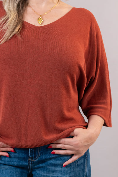 Feinstrickpullover mit V-Ausschnitt, rost