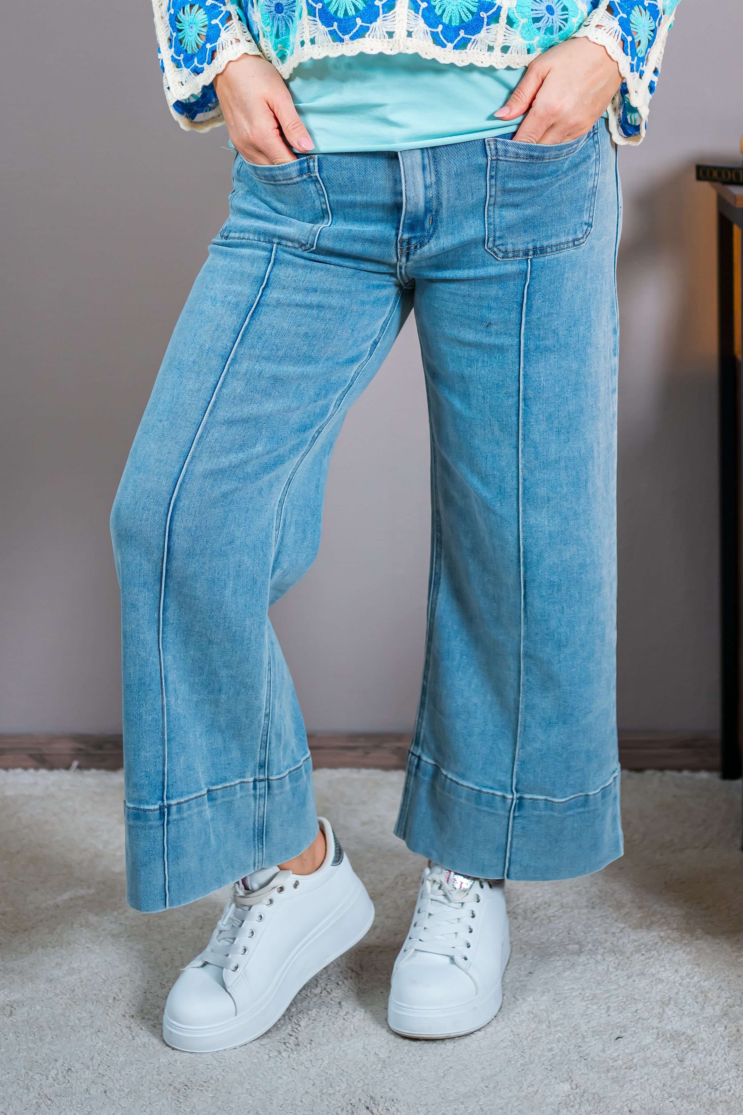 High Waist Jeans mit weitem Bein, denim-blau