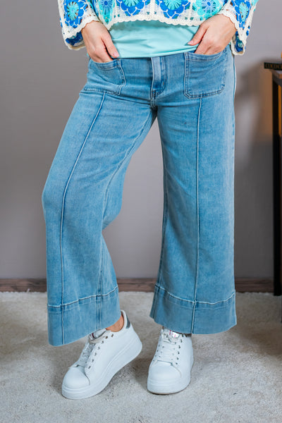 High Waist Jeans mit weitem Bein, denim-blau