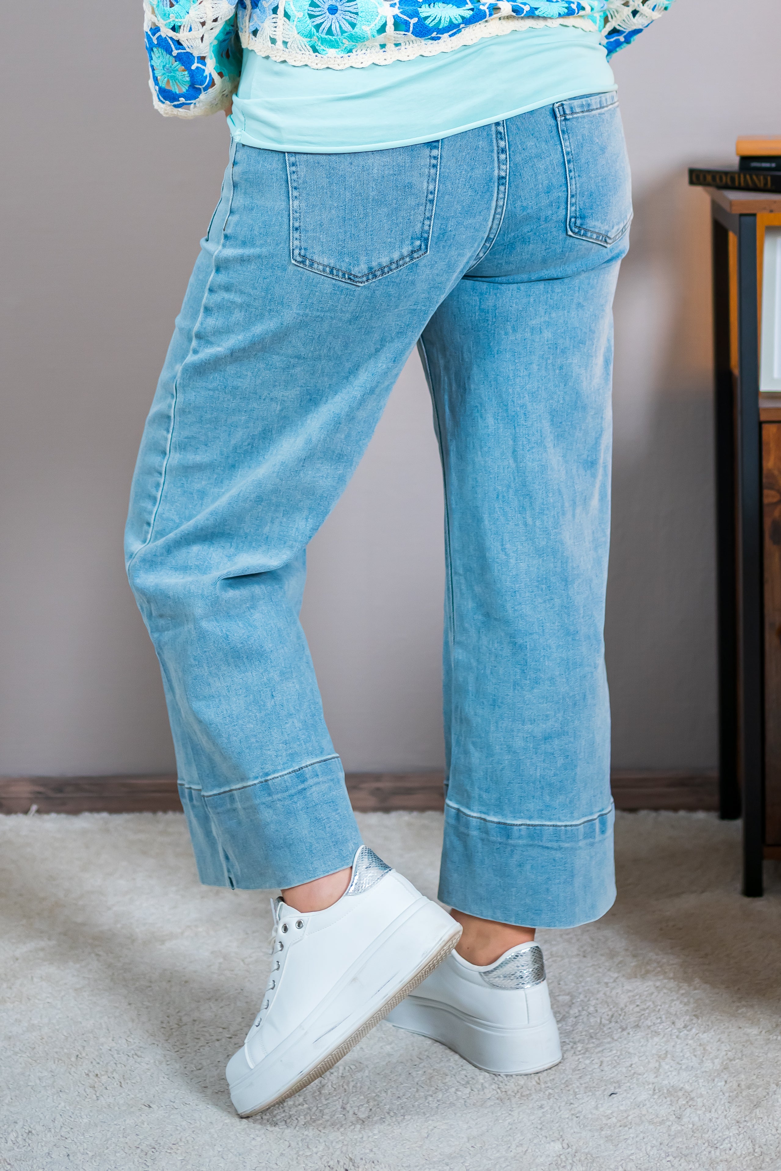 High Waist Jeans mit weitem Bein, denim-blau