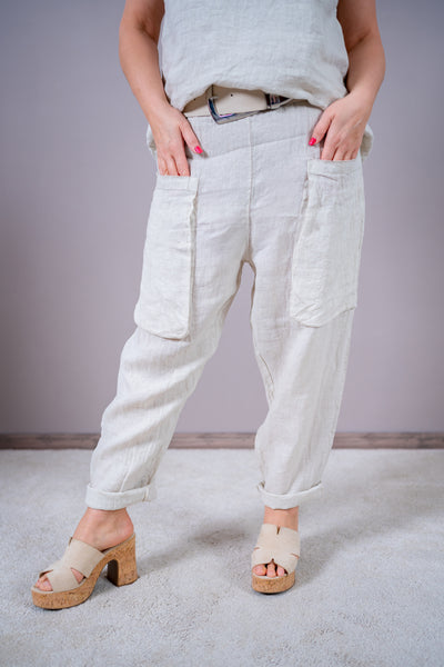 Lockere Leinenhose mit Fronttaschen, beige