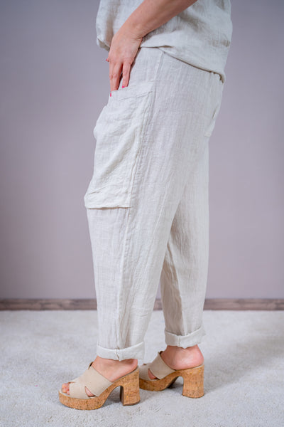 Lockere Leinenhose mit Fronttaschen, beige