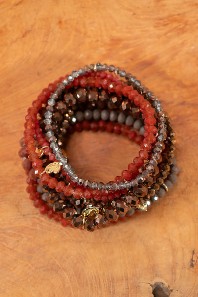 Kristall-Armband-Set in Braun-Bronze mit goldenem Herzanhänger, 9-teilig