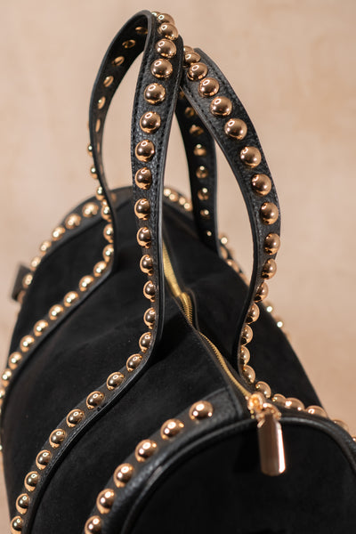 Schwarze Barrel Bag in Velours mit goldenen Nieten