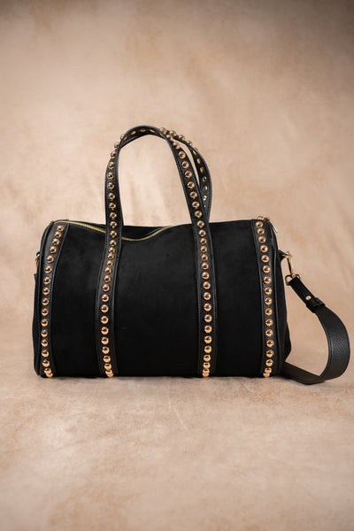 Schwarze Barrel Bag in Velours mit goldenen Nieten
