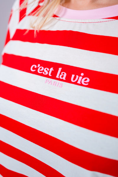 Oversize Shirt im Ringel-Streifen Rot-Creme mit "c'est la vie Paris" Print