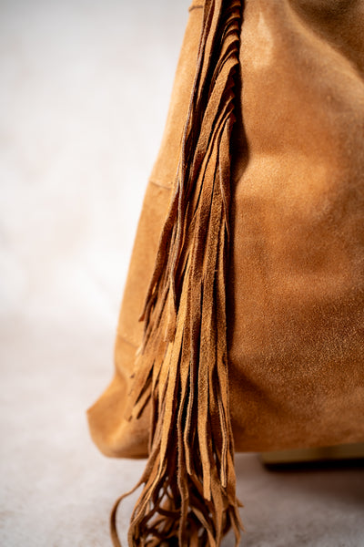 Wildleder-Tasche mit Fransen, camel