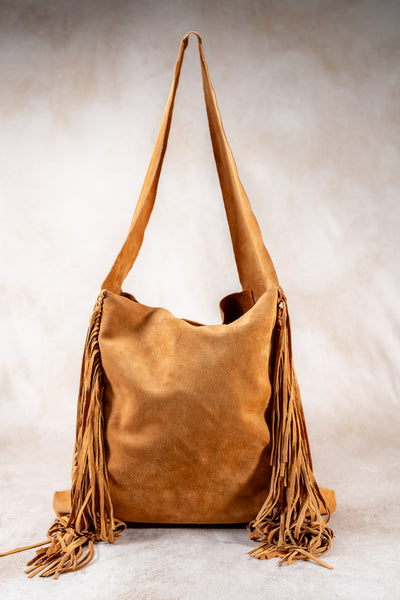 Wildleder-Tasche mit Fransen, camel