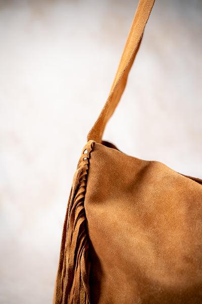 Wildleder-Tasche mit Fransen, camel