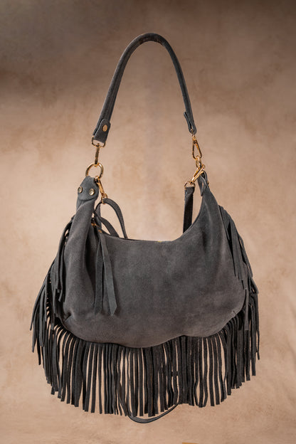 Leder-Handtasche mit Fransen, anthrazit